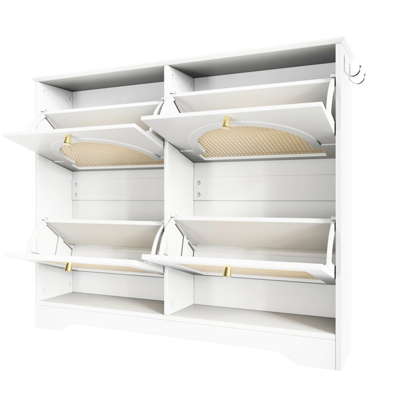 Elegant Mid - Century White Shoe Cabinet With 4 Flip Drawers, 2 Hooks For Hanging Bags, Freestanding In Hallway, Tip , Felt Pads At Bottom, Ideal Hallway Storage Organizer Hooks, Feature, Floor