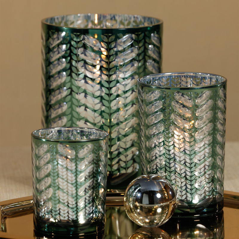 Laser-Etched Metallic Glass Hurricane Candle Holder, 7" H x 4.75" W x 4.75" D, Green