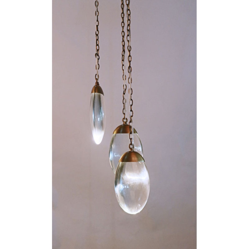 Lustre suspendu avec chaîne en métal léger, Cristal de roche, H 48 po x l 5 po x P 2 po, Nickel brossé