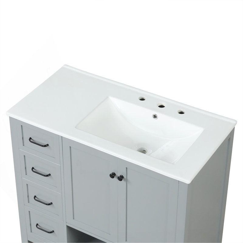 Meuble-lavabo de 36 po avec comptoir d'évier, meuble-lavabo avec deux portes et deux tiroirs, bois massif, tablette ouverte, panneaux de fibres à densité moyenne, un paquet, gris