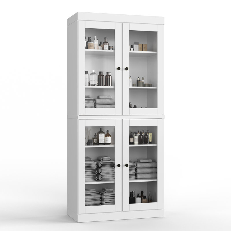 Armoire de salle de bain autoportante 100% bois massif 32 "avec portes en verre transparent et tablettes réglables - Rangement de salle de bain moderne