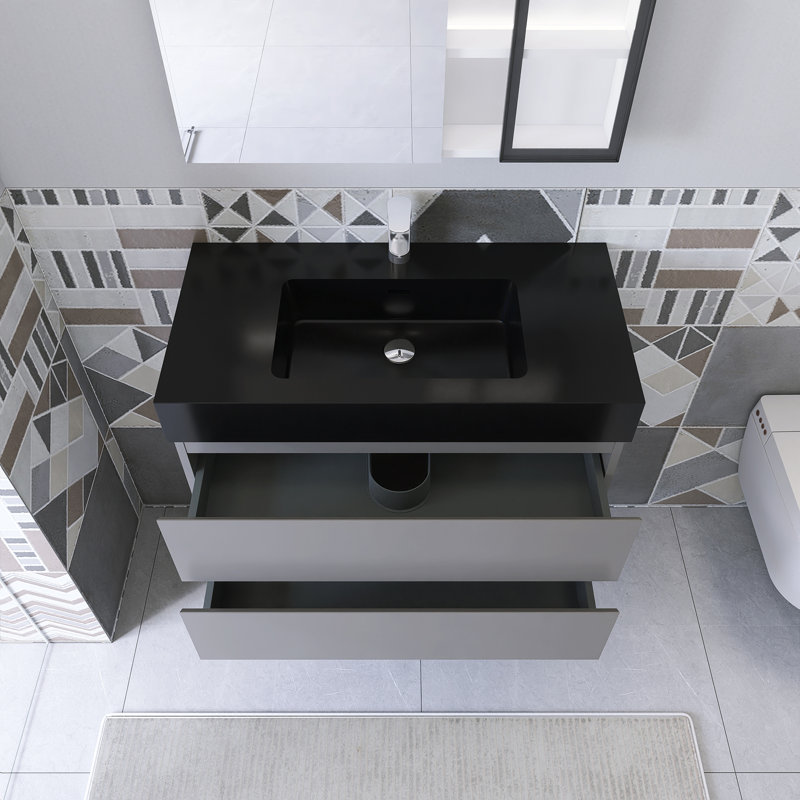 Meuble-lavabo simple 35,8 po avec surface solide Sibin, Noir mat, Gris