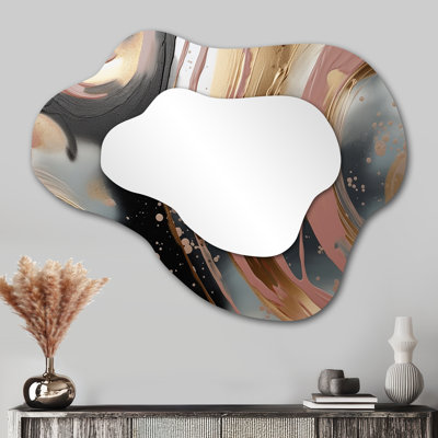 Abstract Gold and pink Liquid ink circles I - Liquid Ink Cloud Wall Mirror, Modern Asymmetrical Decorative Mirror, Printed Metal Art