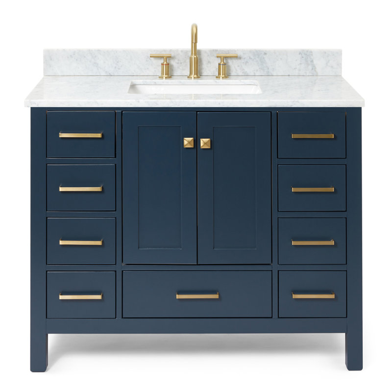 Ensemble de meuble-lavabo simple Flynt, Forme rectangulaire, Bleu minuit / laiton satiné, L 43 po