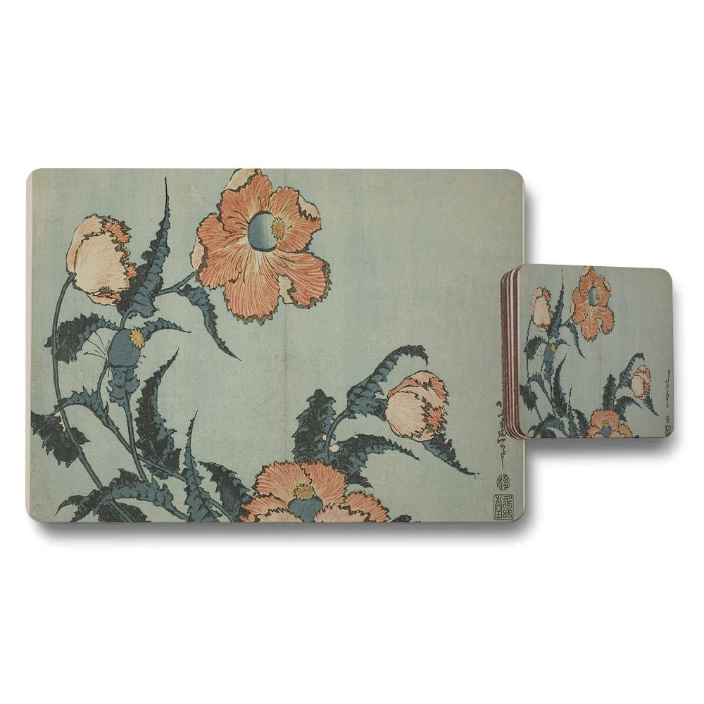 Floral Poppies Placemats And Coaster Set With Vintage Blue Background