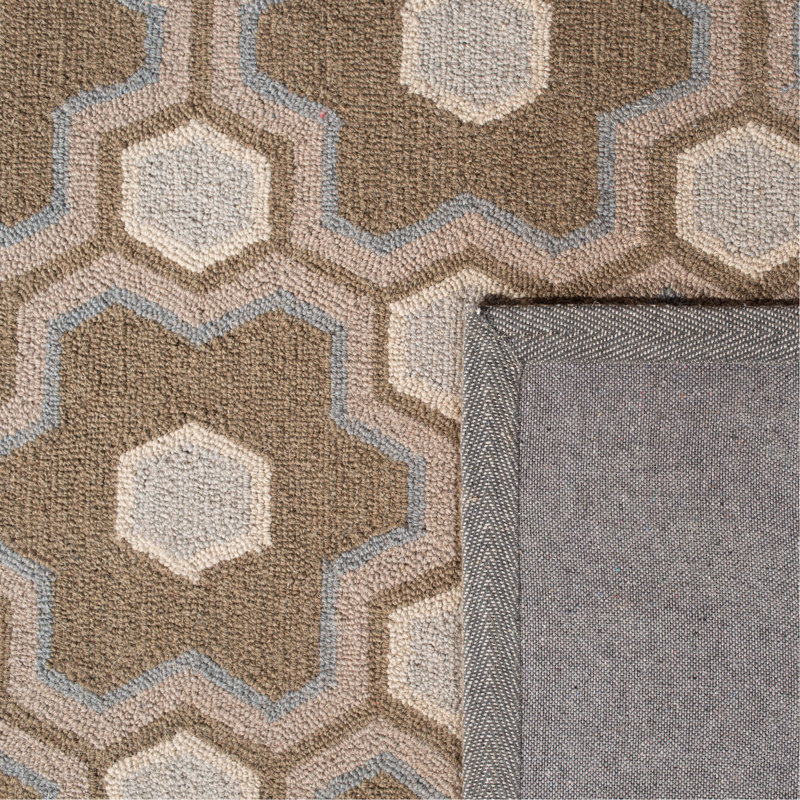 Tapis brun en laine crocheté à la main à motif géométrique, Rectangle 3 pi 9 po x 5 pi 9 po