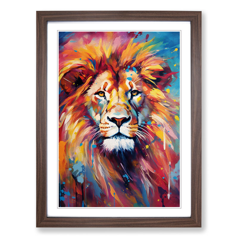 Lion Abstract - Single Picture Frame Print on Wood, 34cm H x 25cm W x 2cm D, Walnut