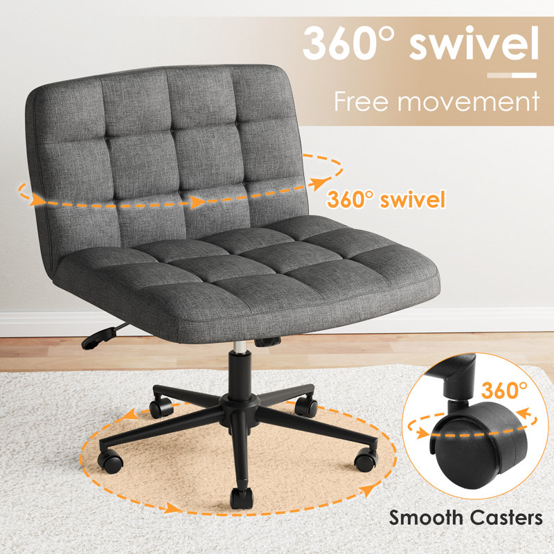 Swivel Criss Cross Legged Chair With Wheels, Armless Home Office Chair With Comfy Wide Cushion, Height Adjustable For Desk, Vanity, Bedroom, Linen, Gray