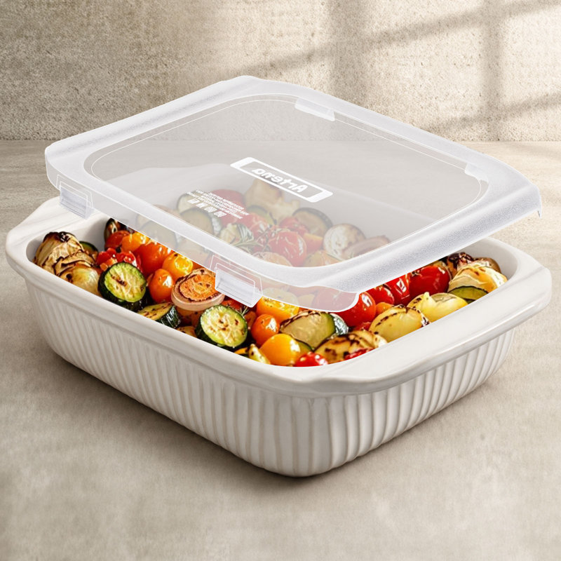5.1Qt Ceramic Casserole Baking Dish, Wide Non-Slip Handles, BPA-Free Storage Lid, Reactive Glaze, Wedding Registry & Holiday Gift(White)