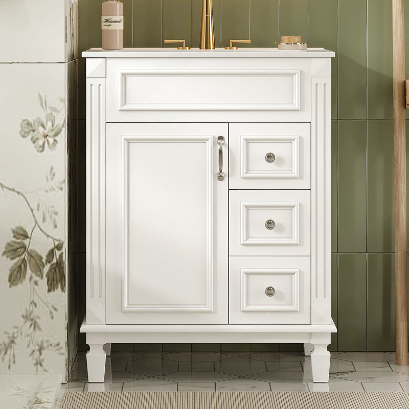 24" Bathroom Vanity With Ceramic Sink, Small Bathroom Sink Cabinet, Modern Cabinet With 2 Drawers And Adjustable Shelf, Blanc