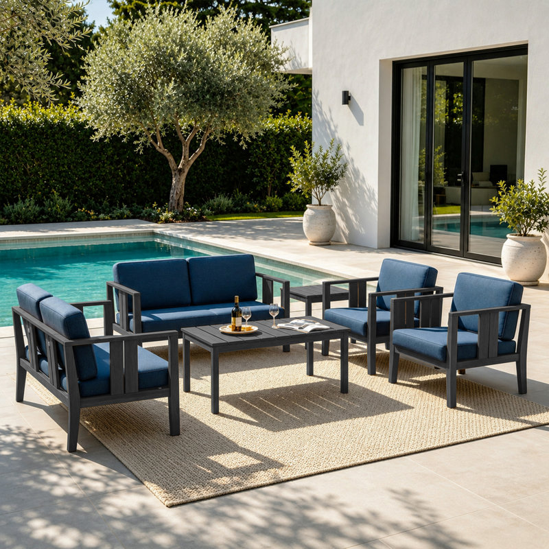 Junco Teak Outdoor Six-person Patio Set With Cushions And Two Tables, Navy, Black