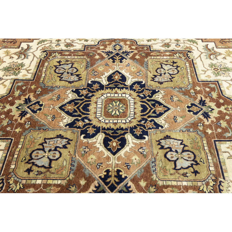 Oriental Handmade Hand-Knotted Rectangle 9'9" x 13'9" Wool Area Rug in Blue/Red/Cream