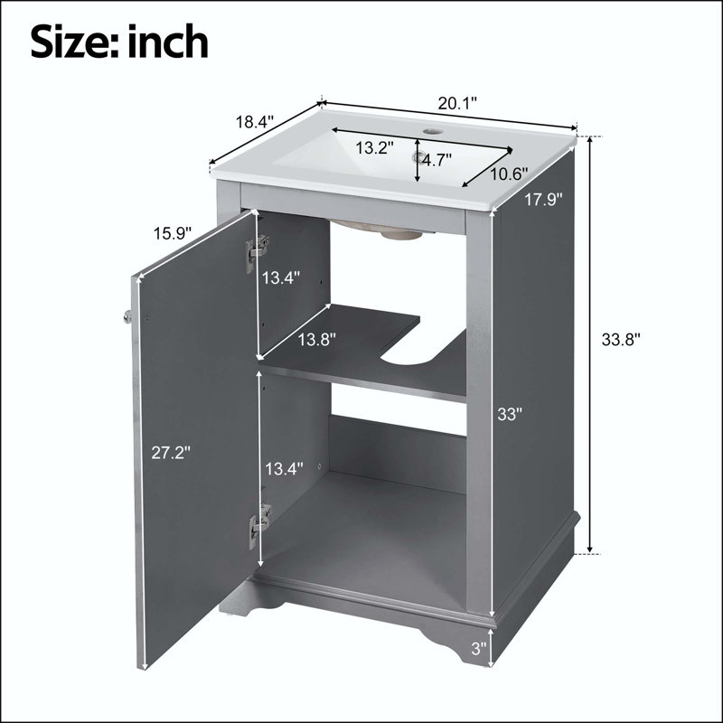 Meuble-lavabo de style shaker de 20 po avec porte à fermeture en douceur, Grey//Silver