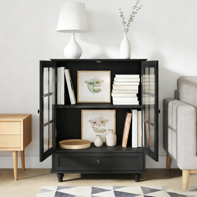 Minimalist Black Buffet Sideboard Cabinet, Modern Wooden Storage With Double Glass Doors & Drawer, Black