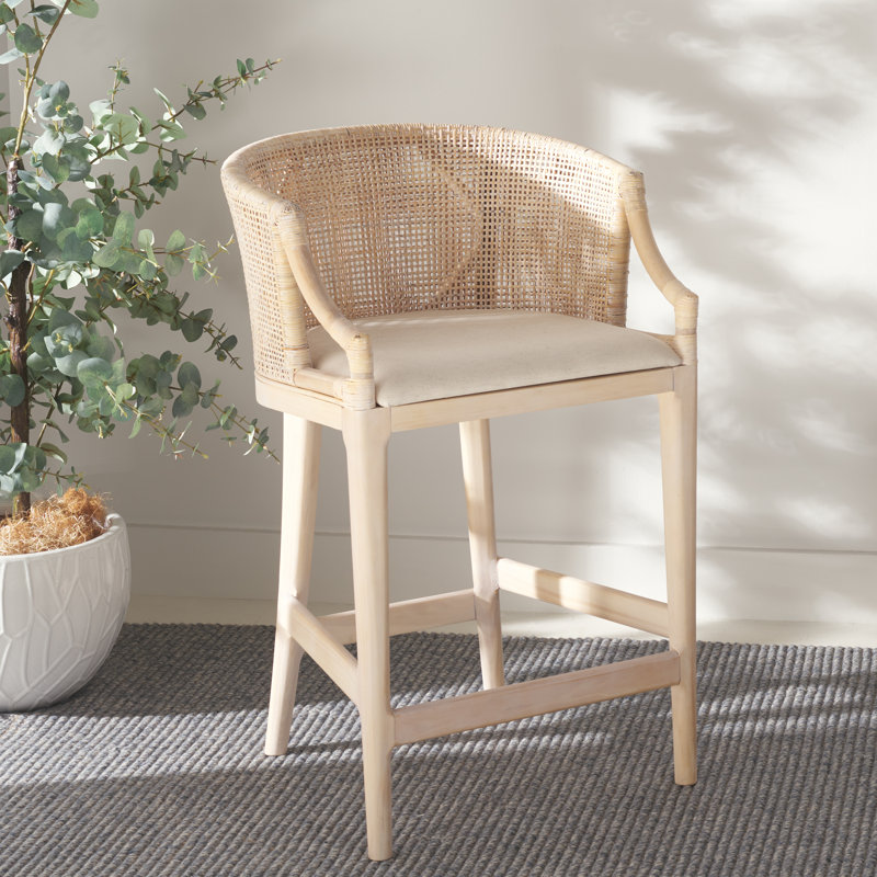 Carneshia Upholstered Solid Wood Counter Stool, Natural/White Seat/White Washed Frame