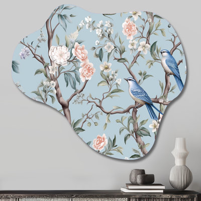 Chinoiserie avec oiseaux et pivoines, impression murale sculpture en métal asymétrique