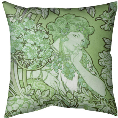 Coussin décoratif alphonse mucha femme entre fleurs