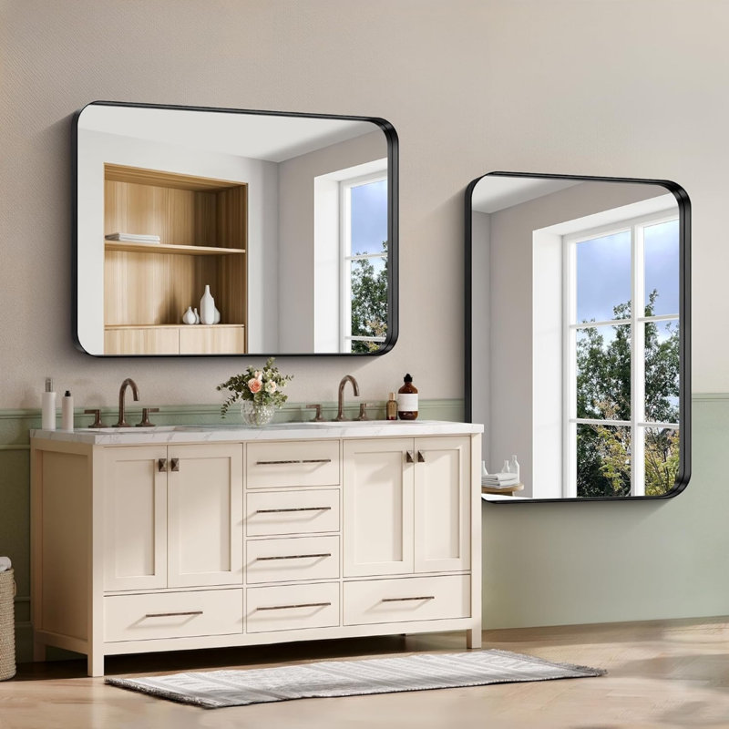 Black Bathroom Mirror, 36"X50" Rectangular Mirror With Deep Metal Frame, Rounded Corner, Tempered Glass, Large Mirror For Wall, Over 2 Sinks, Installed Vertically/Horizontally, Crystal-Clear