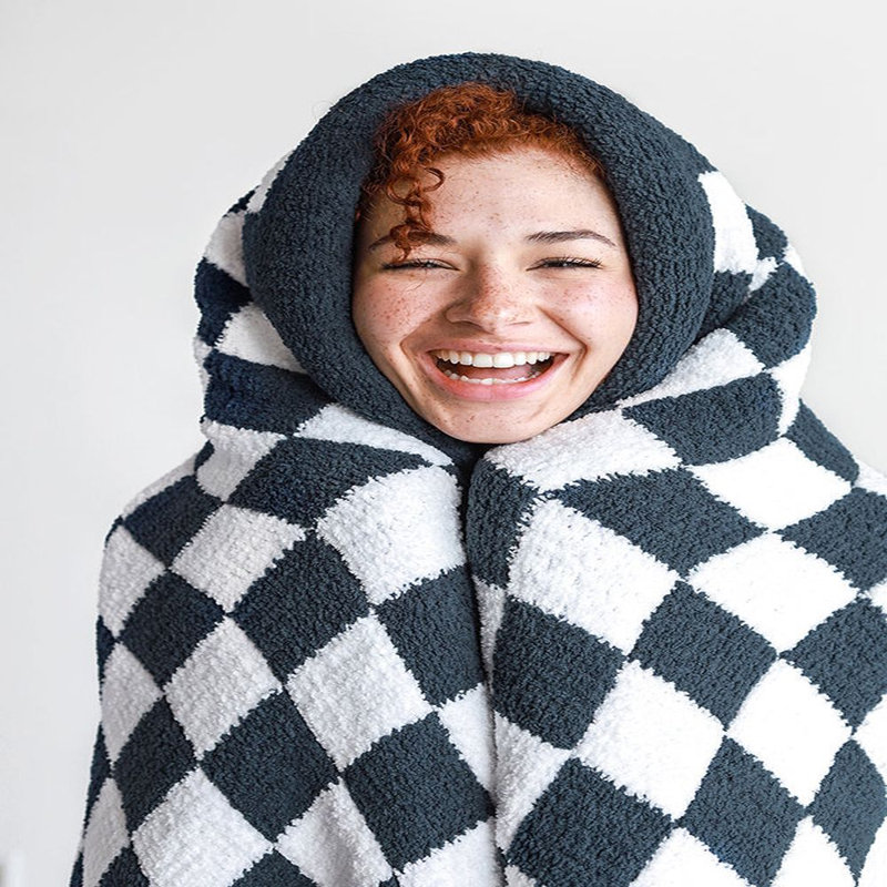 Checkerboard Checkered Knitted Throw Blanket, Midnight/Clear White Checkered
