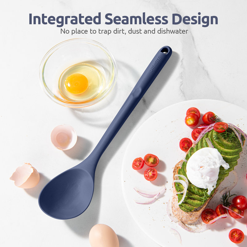 Cuillères en silicone résistantes à la chaleur de 600 ° F: cuillère de cuisine solide et rainurée U-Taste 13,3 po, long ustensile en caoutchouc antiadhésif, robuste pour mélanger, servir, remuer, égoutter (bleu minuit, 2 pièces)