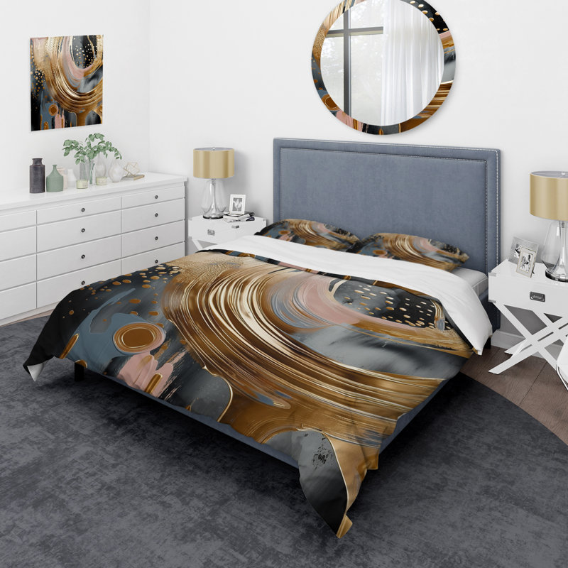 Ensemble de housse de couette en microfibre / polyester doré et noir Marble Expression VI Bedding