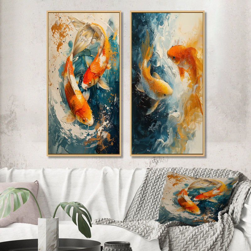 Orange, vert, passionné, poissons, koi, poisson, art mural 2 pièces, H 28 po x l 24 po, Impression encadrée, Érable