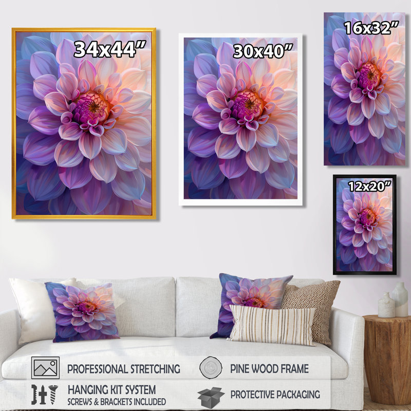 Dahlia mauve délice Dahlia - Dahlia Wall Art Living Room, Cadre flottant brun, H 12 po x l 20 po
