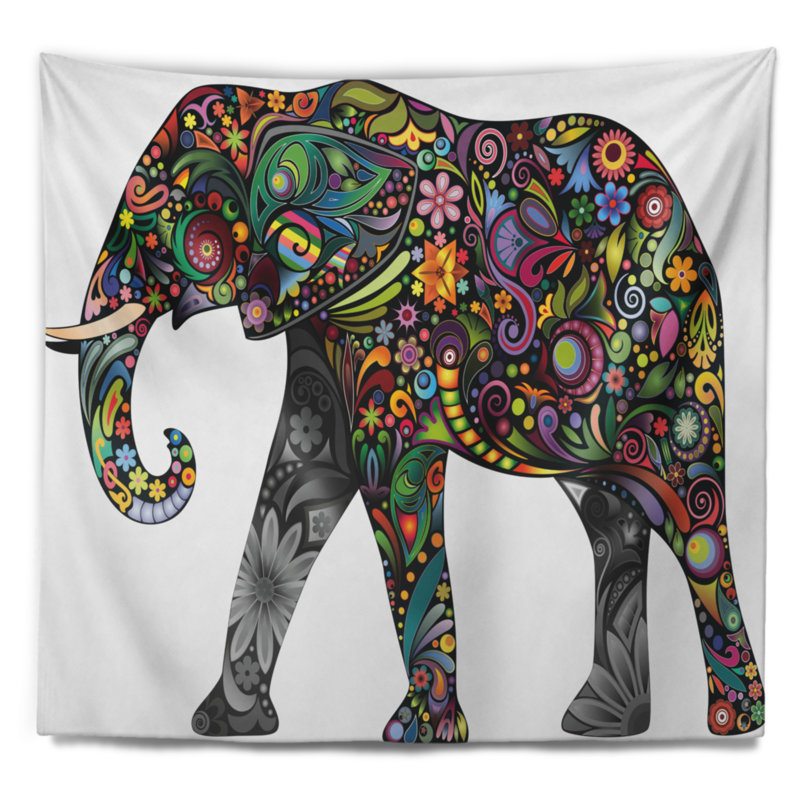 Tapisserie éléphant joyeuse animal floral, H 50 po x l 60 po