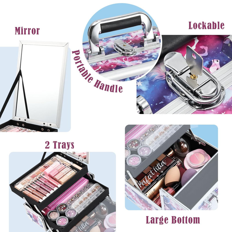 Trousse de maquillage Unicorn Oragnizer Boîte de rangement de voyage portable 2 plateaux de rangement pour cosmétiques avec miroir verrouillable pour la couture