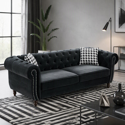 Luxueux canapé rembourré en velours 3 + 3 places avec accoudoirs roulés et têtes de clou, parfait pour des sièges élégants et confortables