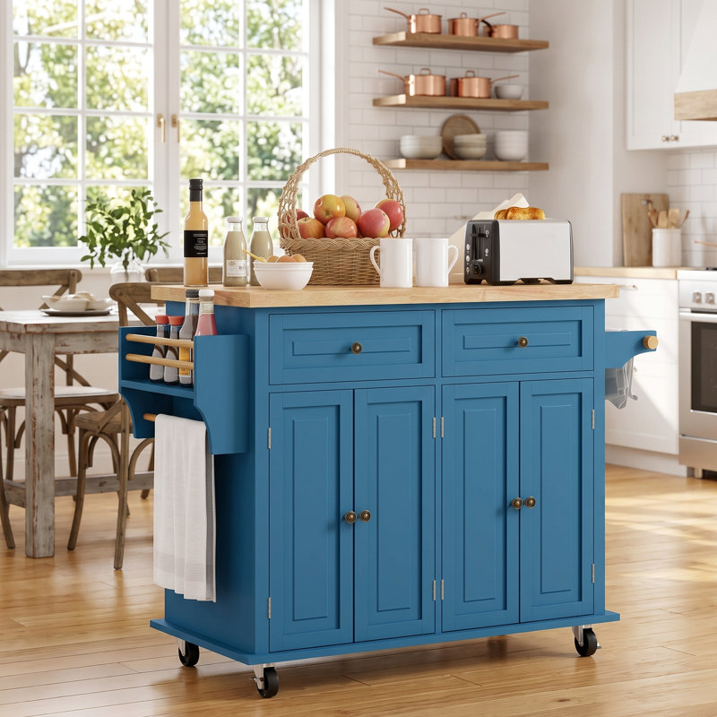 Îlot de cuisine avec roulettes, chariot de cuisine avec plateau en bois d'hévéa, porte-épices, porte-serviettes et tiroirs