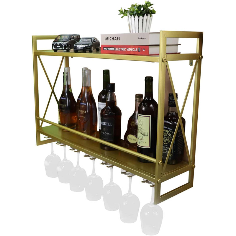 Supports à vin industriels avec porte-verres, étagères murales polyvalentes en métal rustique 31,5 po, porte-bouteilles à vin à 2 niveaux, accessoires pour porte-bouteilles, porte-bouteilles en verre