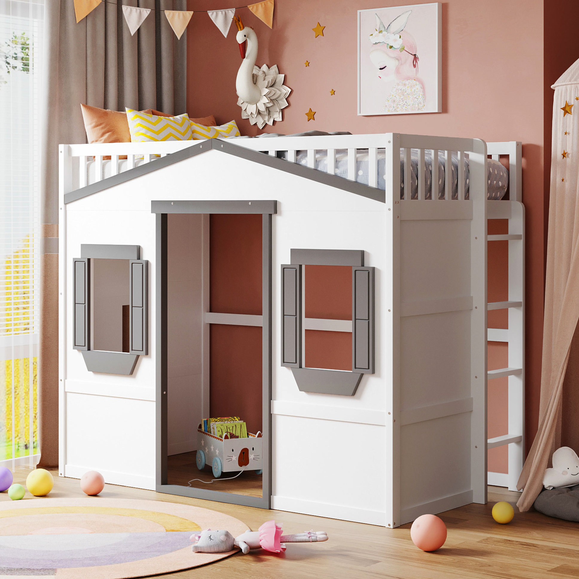 Latitude Run® Twin Loft Bed With , White & Gray - Solid Pine Legs For ...