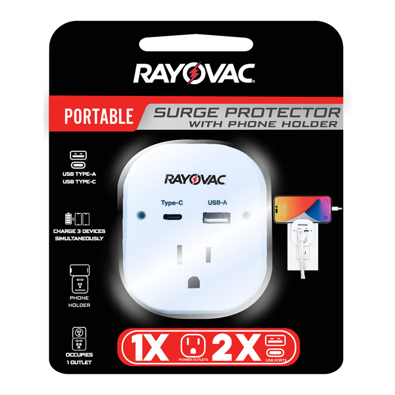 Robinet de protection mural avec support pour téléphone 1 prise CA et 2 ports USB RAYOVAC®, blanc