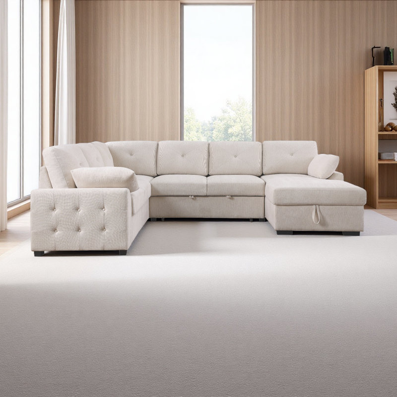 Canapé d'angle multi-fonctionnel en forme de L avec rangement et lit convertible, Beige