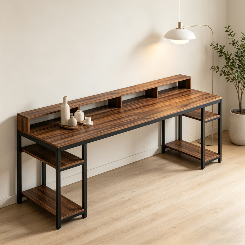 Two Person Desk, 78.7" Computer Desk With Monitor Stand And 4 Open Shelf