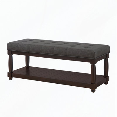 Tufted Linen Bench with Storage Shelf, Solid Wood Spindle Legs