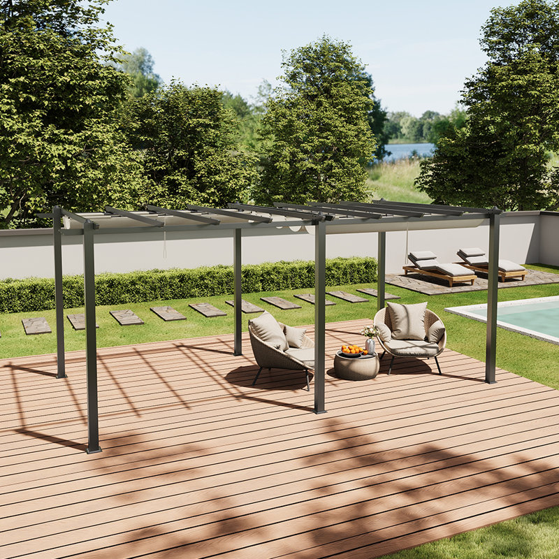 10x20ft Aluminium Pergola with Retractable Roof, 228cm H x 600cm W x 300cm D, Grey