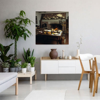 Colonial Design Kitchen Interior With Fireplace Christmas Decorations On Mantle Classic Retro Vintage Architecture Wall Art