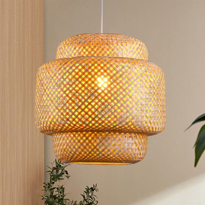 Handwoven Bamboo Pendant Light - Natural Rattan Chandelier For Kitchen Island, Dining Room, Living Room, Porch - Boho Farmhouse Ceiling Lantern With Adjustable Hanging Height