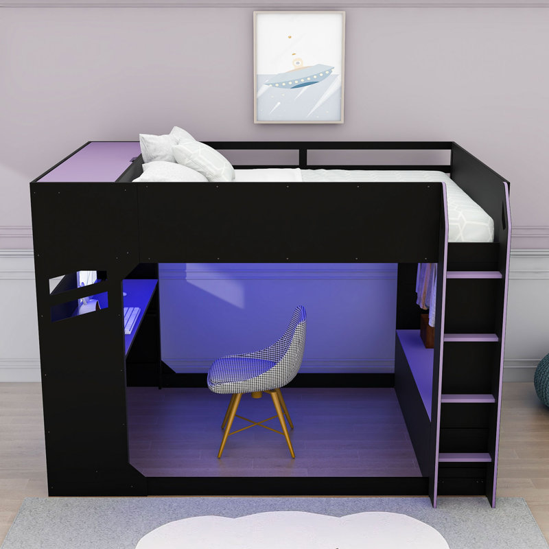 Lit mezzanine en bois avec bureau réglable, lumières RVB, tiroirs, armoire de rangement et tringle