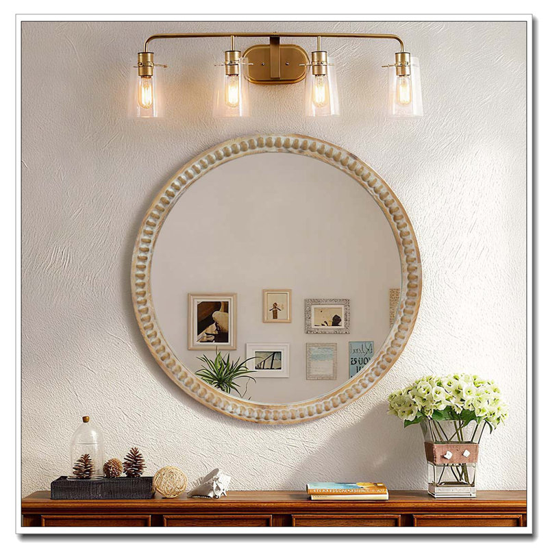 Round Decorative Wall Mirror, 35.43" Distressed Wood Beaded Frame Mirror For Entryway, Living Room, Bathroom, Farmhouse Style Accent Mirror