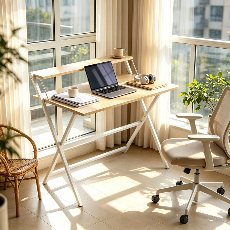 Steel Computer Desk, Natural Wood
