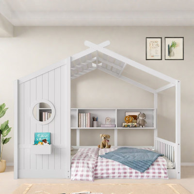 Lit sur pied avec tablettes de rangement