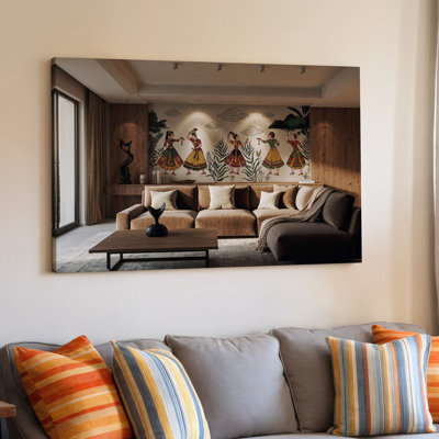 Toile d'un salon douillet avec un grand art mural au design complexe représentant des festivités indiennes traditionnelles avec une toile murale vibrante
