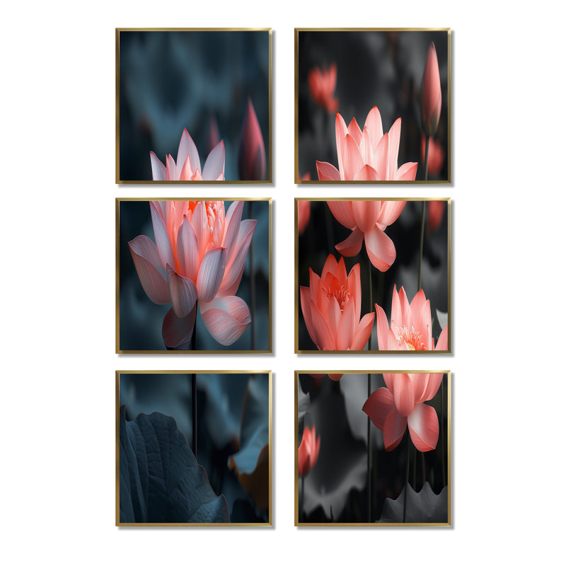 Ensemble de 6 impressions sur toile Lotus, Impression encadrée sans passe-partout, Doré