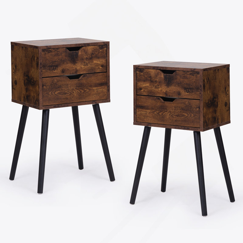 Table de chevet avec 2 tiroirs, tables de chevet avec pieds en bois massif et rangement, table d'appoint, 2 pièces