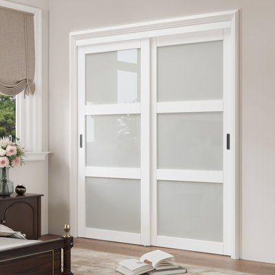 80" White Frosted Glasses Pantry Sliding Closet  Doors With Hardware & Handles