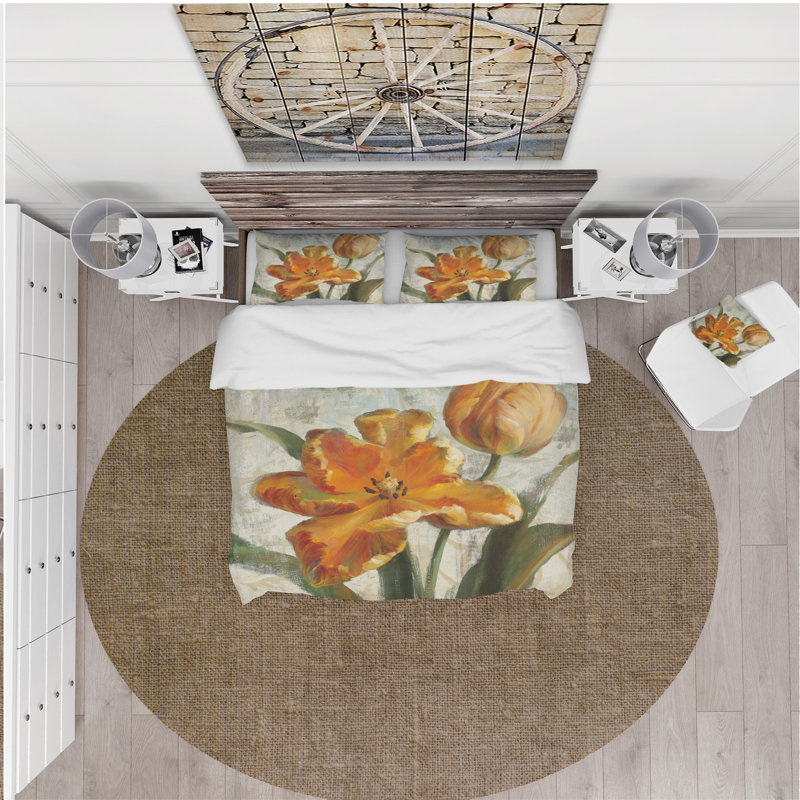 Parrot Tulips I sur ivoire - Ensemble de housse de couette Cabin & Lodge - Microfibre de polyester