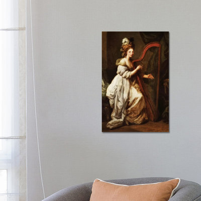 Portrait Of Elizabeth Ewer, Seated In A White Dress With A Yellow Shawl, Playing A Harp, C.1768-73 by Angelica Kauffmann - Wrapped Canvas Print